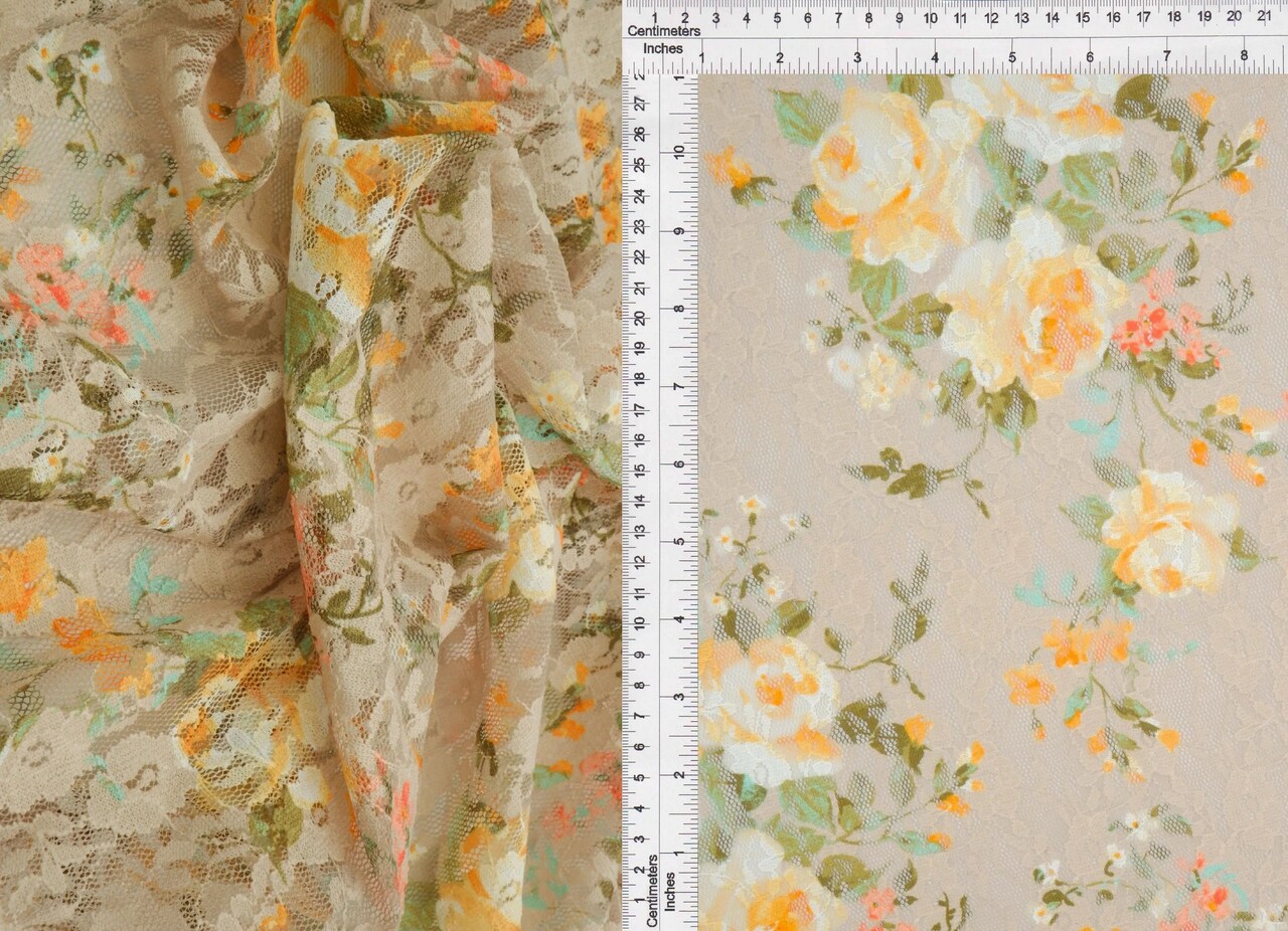 1 Yard Digital Floral Lace Print Fabric, Soft Stretch Polyester Spandex 58/60" Wide